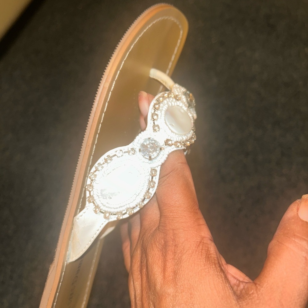 “Send Ur Price?!” Pierre Dumas White Jeweled Thong Sandals with Tan Footbed